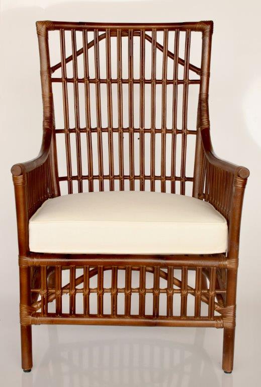 Brown Rattan Highback Chair With Natural Seat Cushion